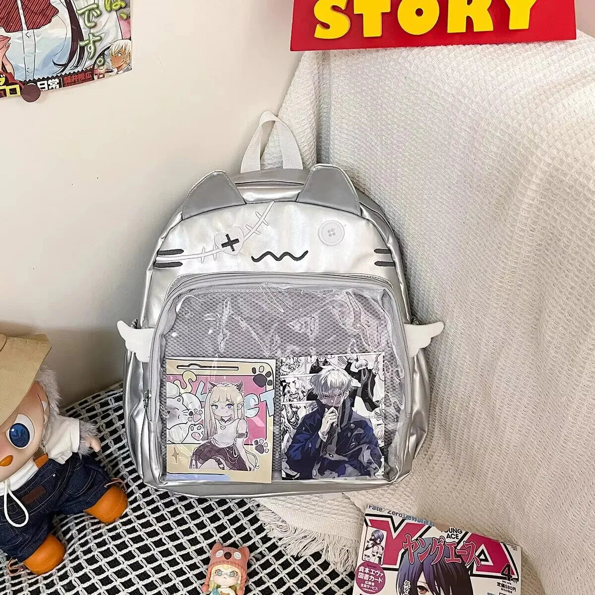 New Y2K Cute Cat Transparent Backpack Kawaii Harajuku Girl Ita Bag High-capacity Student Rucksack Teenage DIY Display School Bag