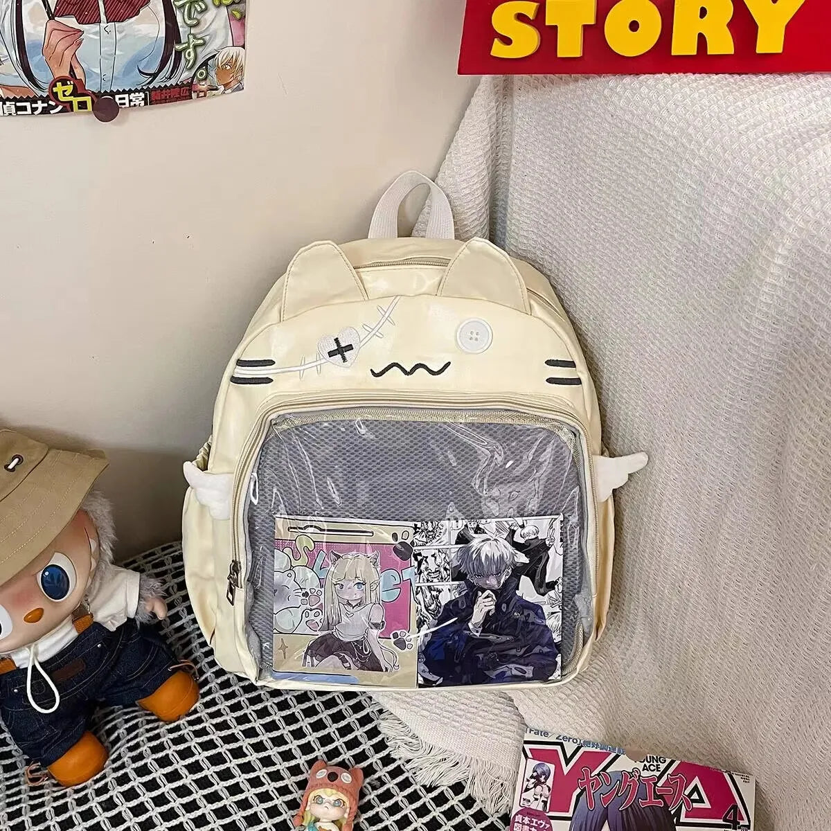 New Y2K Cute Cat Transparent Backpack Kawaii Harajuku Girl Ita Bag High-capacity Student Rucksack Teenage DIY Display School Bag