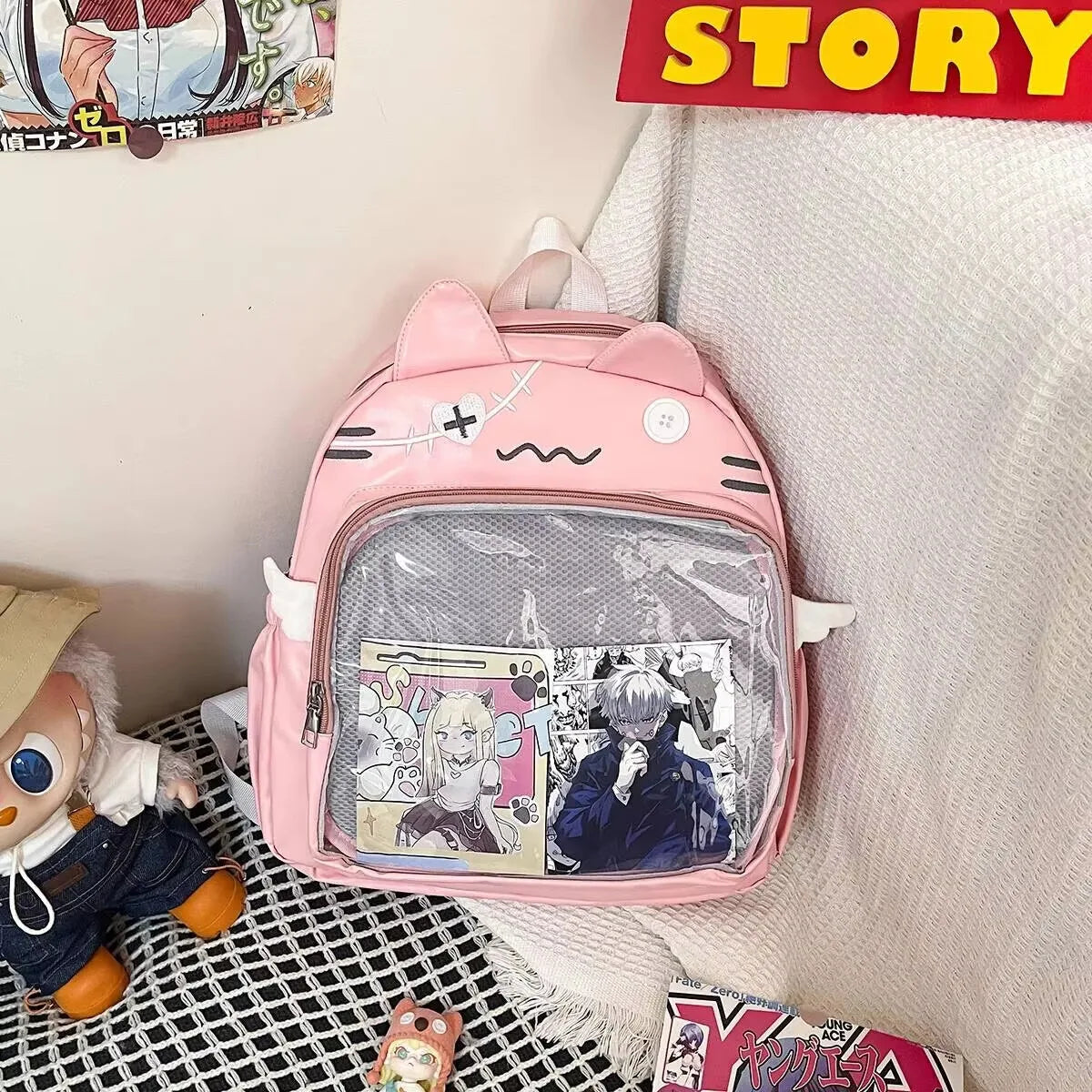 New Y2K Cute Cat Transparent Backpack Kawaii Harajuku Girl Ita Bag High-capacity Student Rucksack Teenage DIY Display School Bag
