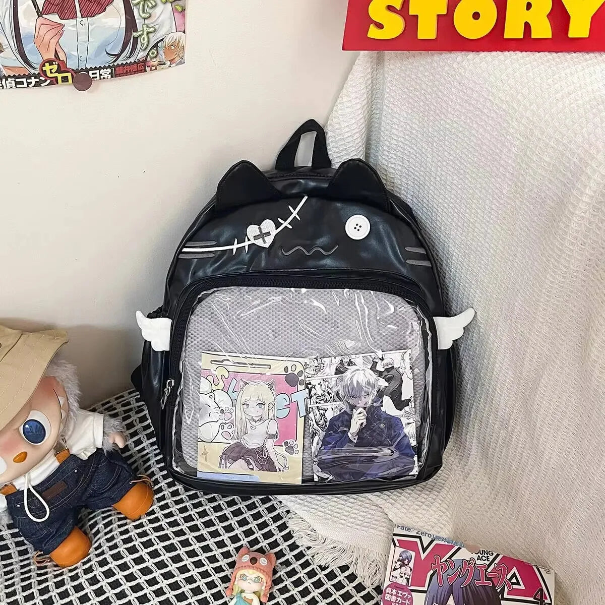 New Y2K Cute Cat Transparent Backpack Kawaii Harajuku Girl Ita Bag High-capacity Student Rucksack Teenage DIY Display School Bag