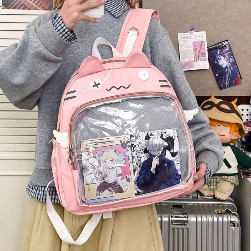 New Y2K Cute Cat Transparent Backpack Kawaii Harajuku Girl Ita Bag High-capacity Student Rucksack Teenage DIY Display School Bag