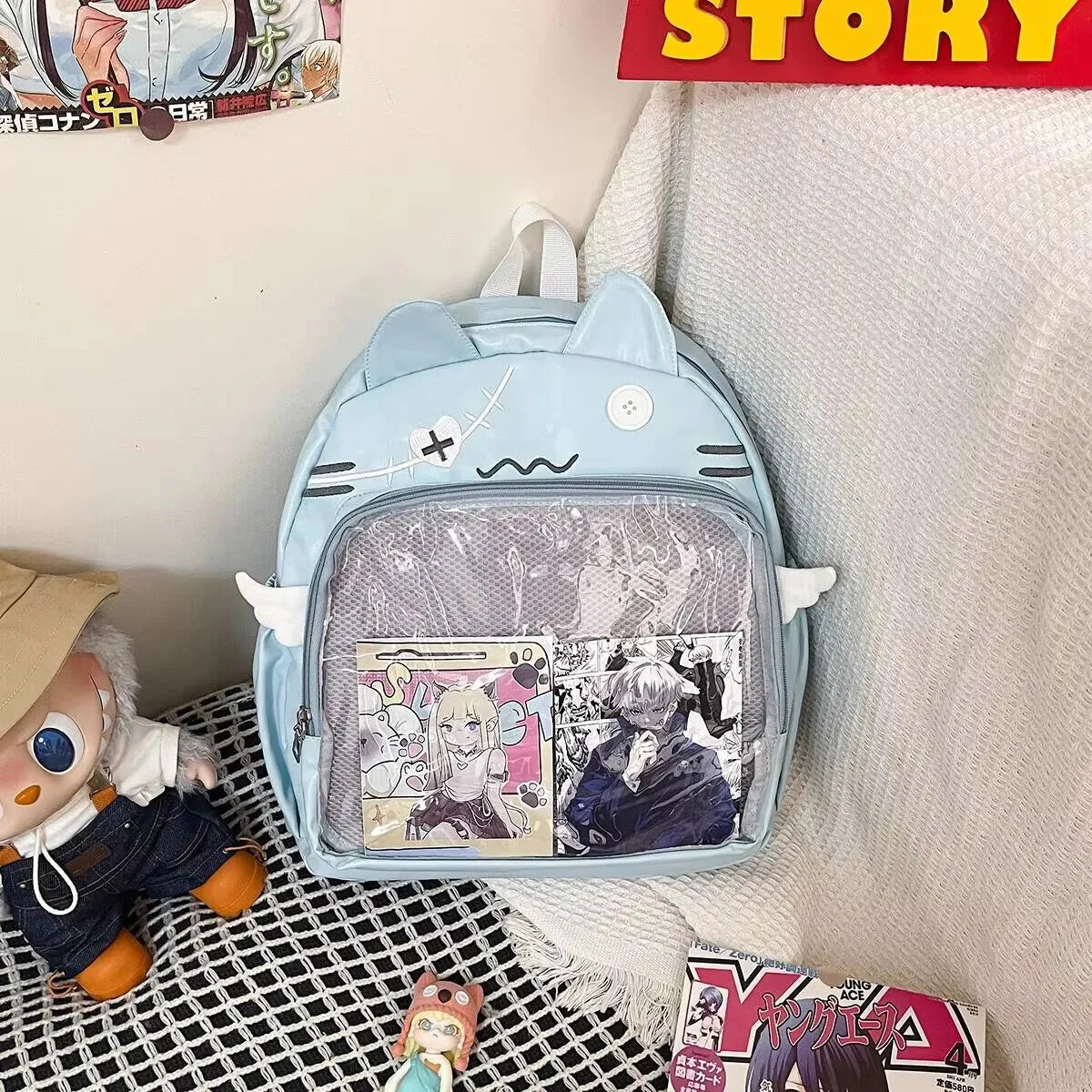 New Y2K Cute Cat Transparent Backpack Kawaii Harajuku Girl Ita Bag High-capacity Student Rucksack Teenage DIY Display School Bag
